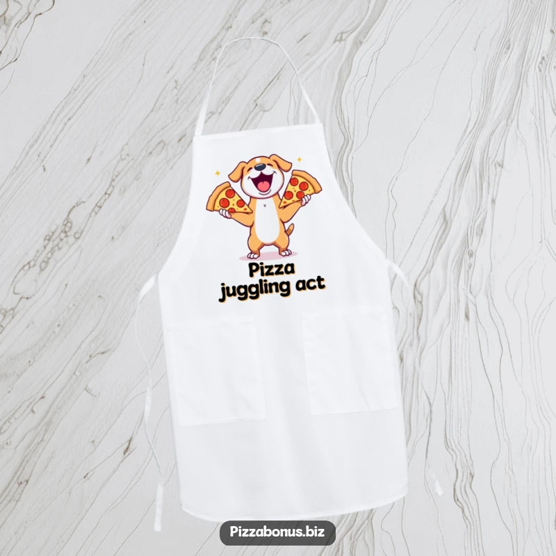 Funny apron with a joyful dog gleefully juggling three enormous slices of pepperoni pizza, ideal for cooking and parties.