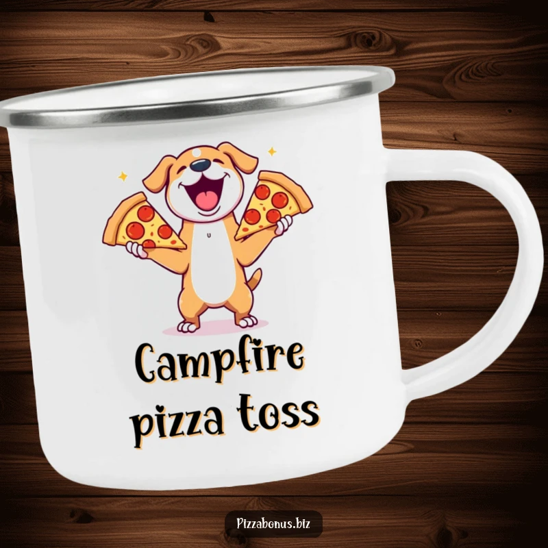 Funny camping mug with a joyful dog gleefully juggling enormous slices of pepperoni pizza, durable and humorous for outdoors.