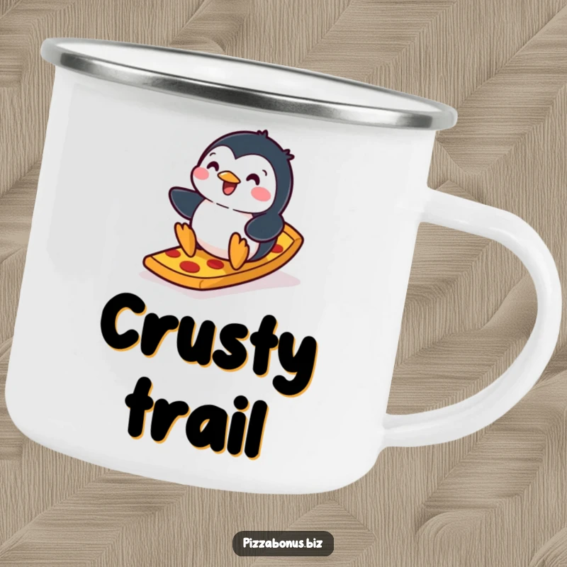 Funny penguin camping mug depicting a happy penguin sliding down a ramp made of pizza crust, perfect for rugged fun and laughter.