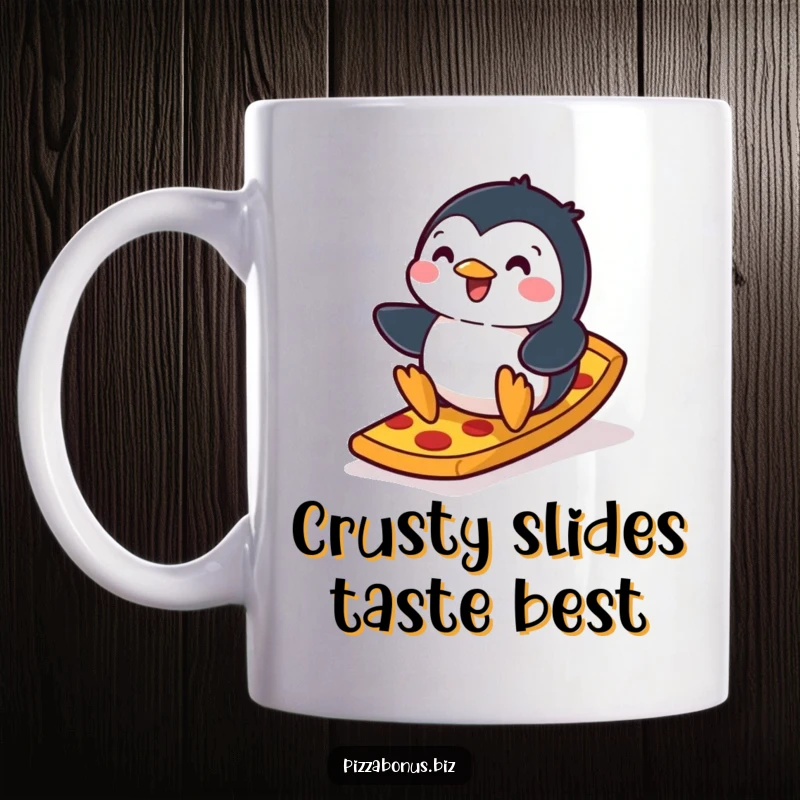 Funny penguin mug depicting a joyful penguin sliding down a ramp made of delicious pizza crust, full of playful energy.