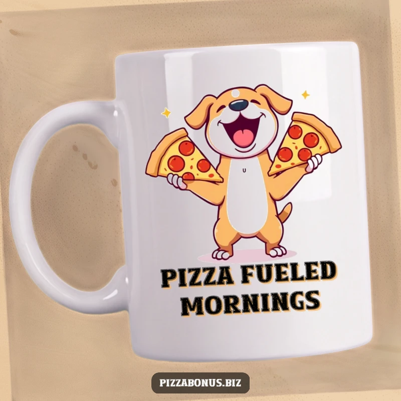 Funny mug featuring a joyful dog gleefully juggling three enormous slices of pepperoni pizza, embodying pure happiness.
