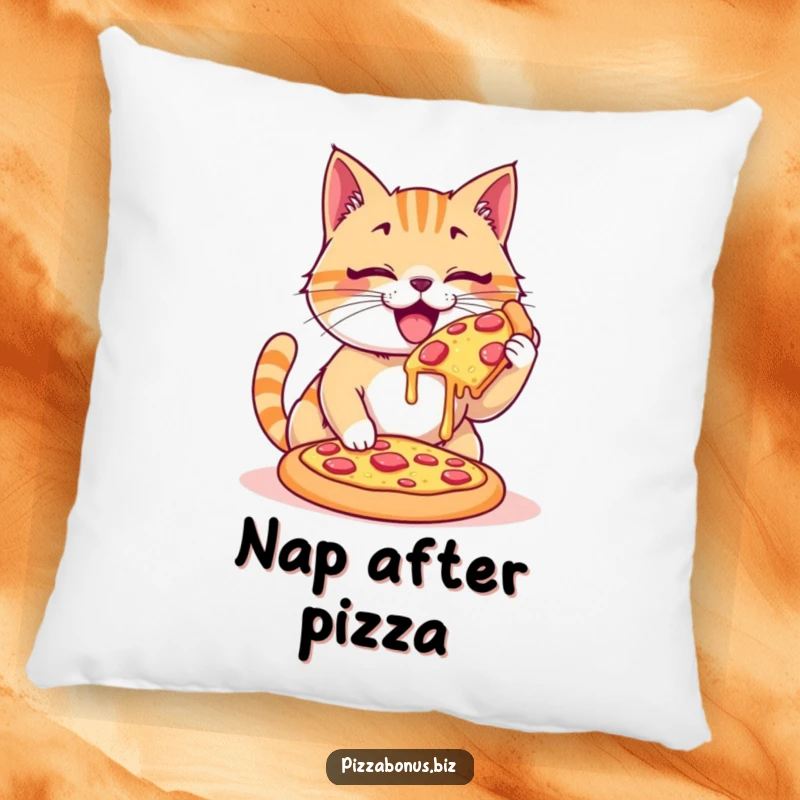 Funny pillow featuring a happy cat enthusiastically devouring a giant, cheesy pizza, plush and amusing.