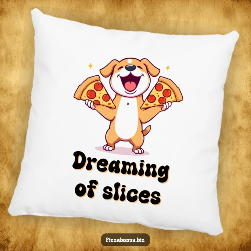 Funny pillow featuring a joyful dog gleefully juggling three enormous slices of pepperoni pizza, plush and amusing.