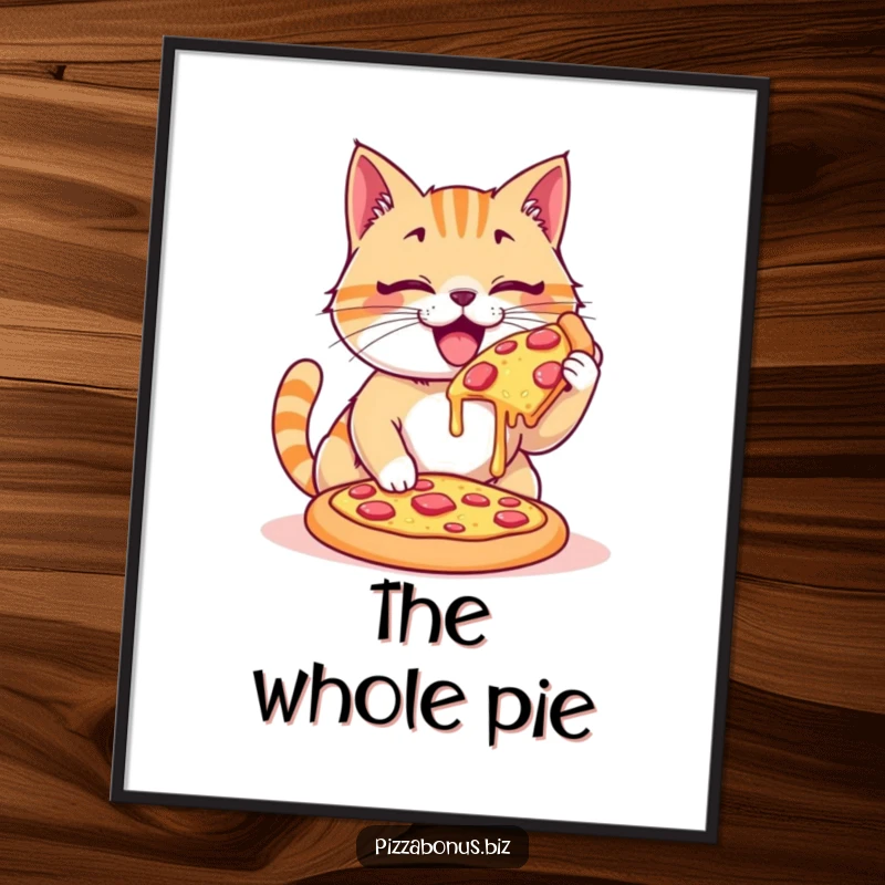 Funny digital art print of a happy cat enthusiastically devouring a giant, cheesy pizza, perfect for walls.