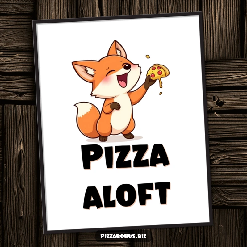 Funny fox digital art print showing a happy fox gleefully tossing a miniature pizza into the air, a vibrant and amusing illustration.