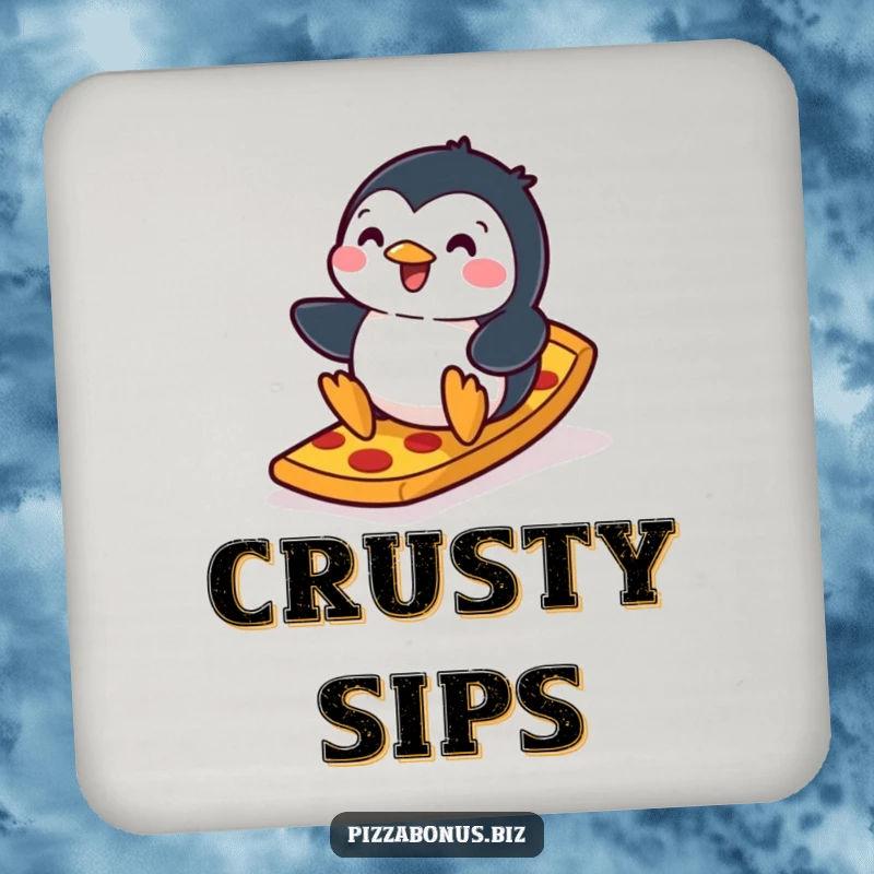 Funny penguin drink coaster featuring a playful penguin sliding down a ramp made of pizza crust, adding humor to any drink setting.