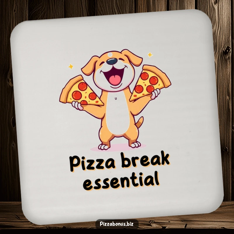 Funny drink coaster depicting a joyful dog gleefully juggling three enormous slices of pepperoni pizza, adding humor.