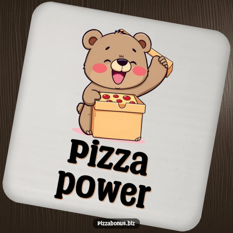 Funny bear drink coaster featuring a strong bear joyfully attempting to lift a massive pizza box, protecting surfaces with a smile.