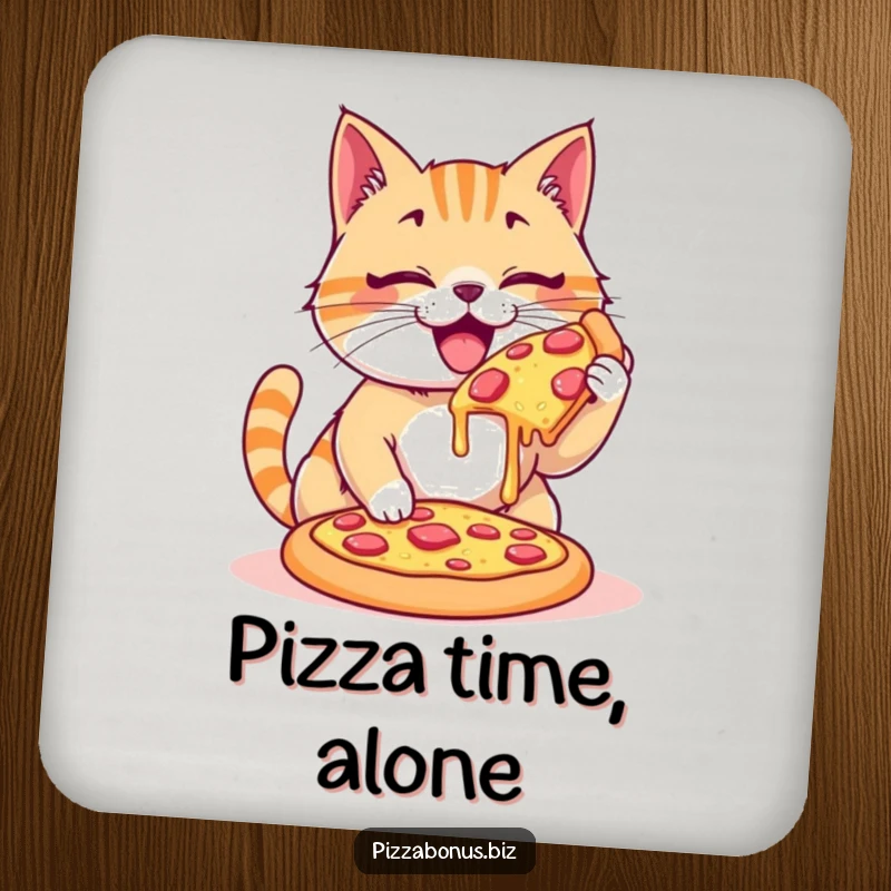 Funny drink coaster depicting a happy cat enthusiastically devouring a giant, cheesy pizza, adding humor.