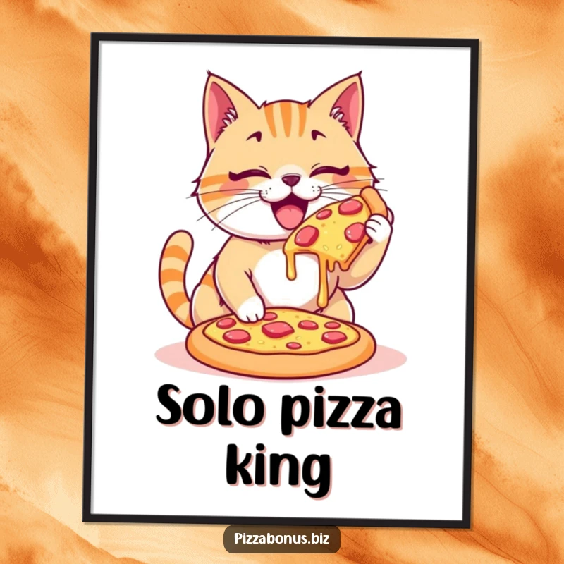 Funny poster showing a happy cat enthusiastically devouring a giant, cheesy pizza, perfect for kitchen or living room decor.
