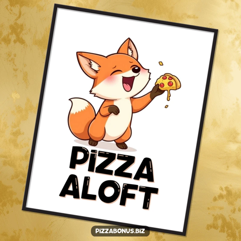 Funny fox poster showcasing a playful fox gleefully tossing a miniature pizza into the air, a delightful and amusing scene.
