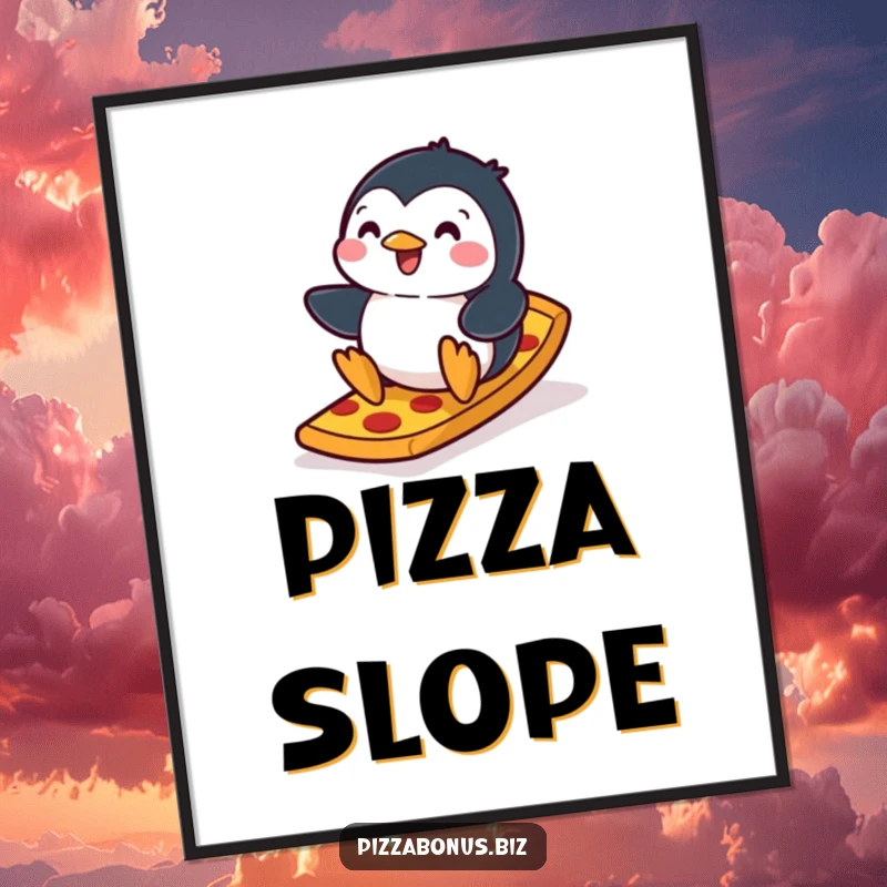 Funny penguin poster showcasing a playful penguin sliding with excitement down a ramp made of pizza crust, a truly amusing scene.