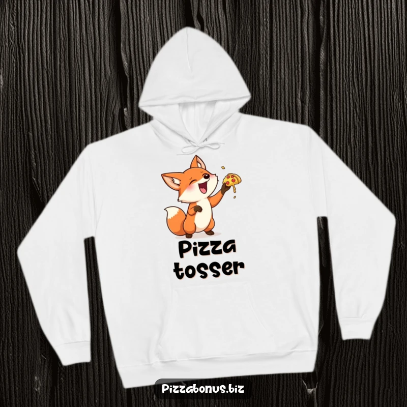 Funny fox hoodie featuring a joyful fox gleefully tossing a tiny pizza into the air, radiating happiness and playful energy.