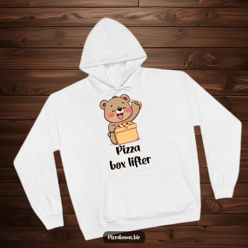 Funny bear hoodie showing a happy bear joyfully trying to hoist a massive pizza box, symbolizing determination and pizza appreciation.