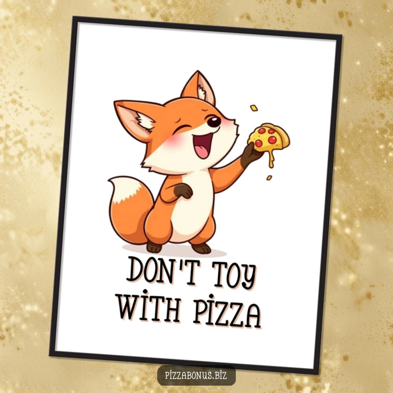 Funny Free Printable Wall Art: A happy fox giggles as it gleefully tosses a tiny pizza in the air.