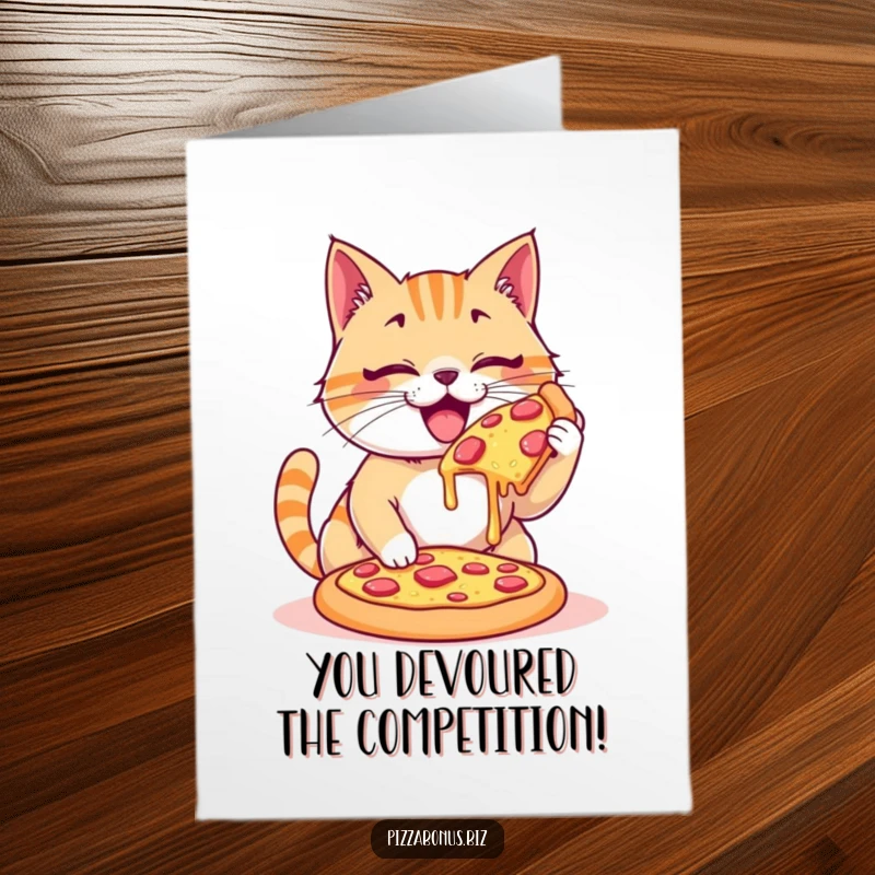 Funny Free Printable Cat Congratulations Card, a happy cat enjoying a giant pizza alone, celebrating success with humor.