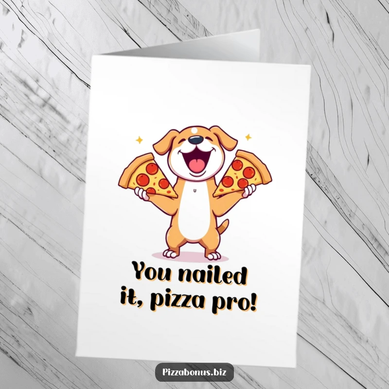 Funny Free Printable Dog Congratulations Card, a joyful dog juggling pizza, celebrating achievements with a humorous and delightful twist.