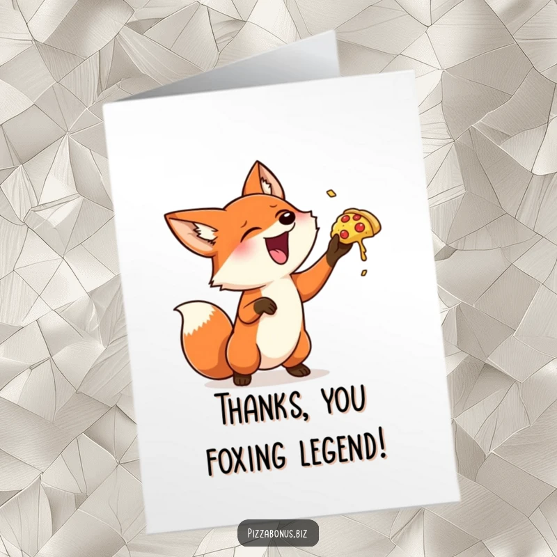 Funny Free Printable Thank You Card: Giggling fox joyfully tosses a small pizza, showing appreciation.