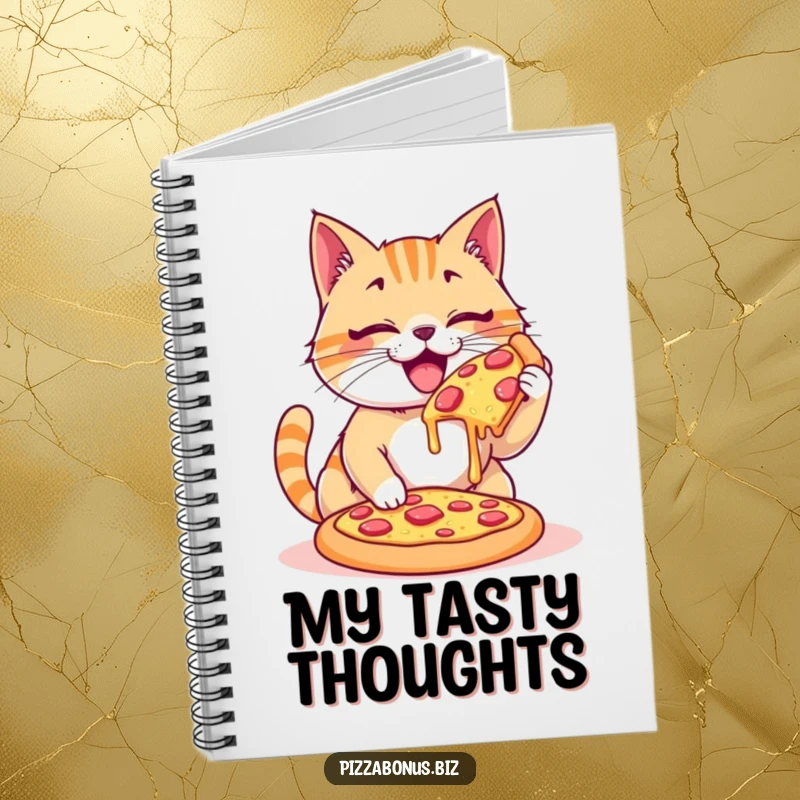 Funny notebook featuring a happy cat enthusiastically devouring a giant, cheesy pizza, perfect for notes.