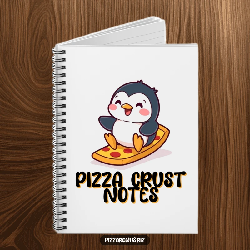 Funny penguin notebook cover featuring a playful penguin sliding down a ramp made of pizza crust, inspiring laughter and creativity.