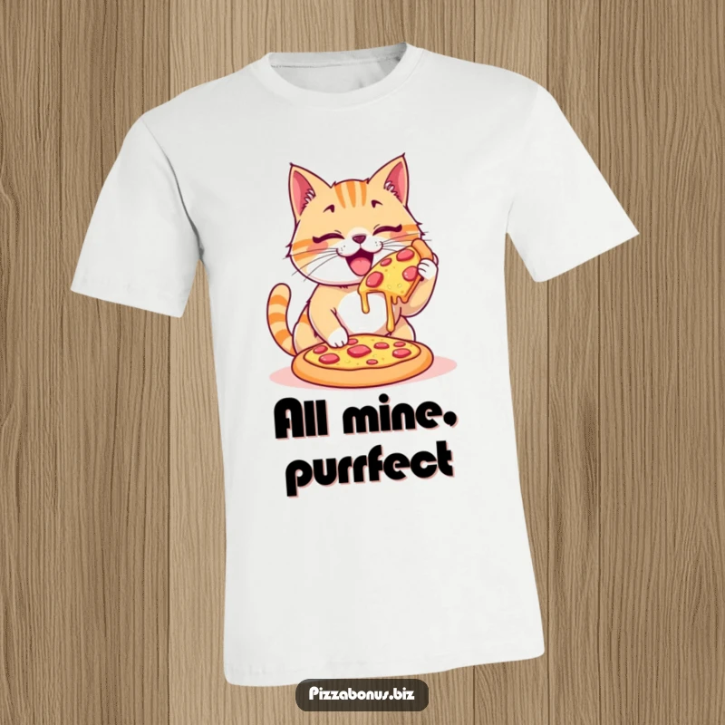 Funny t-shirt depicting a happy cat enthusiastically devouring a giant, cheesy pizza, a truly blissful scene.