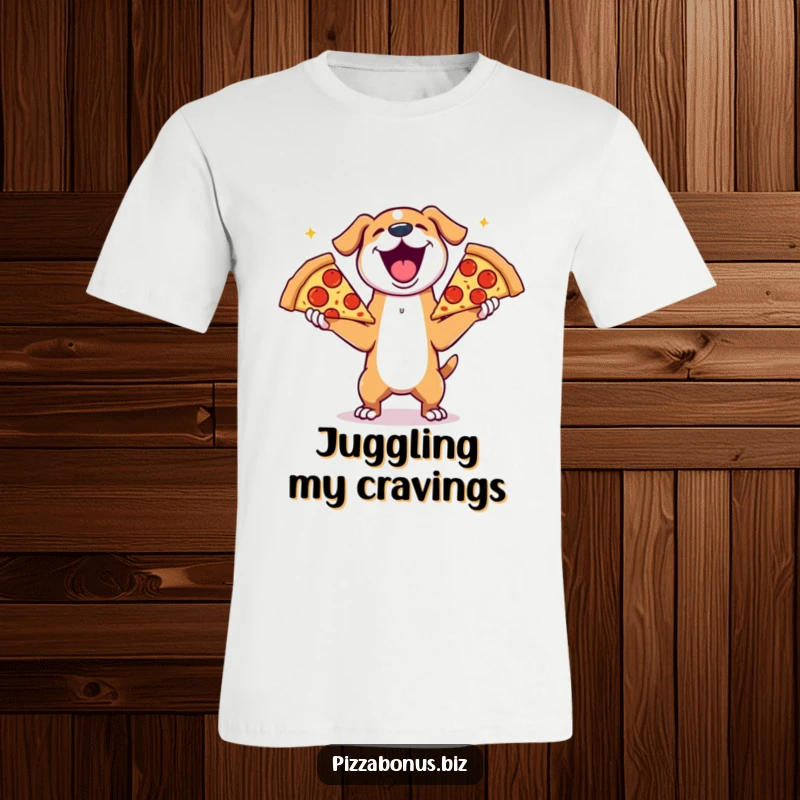 Funny t-shirt depicting a joyful dog gleefully juggling three massive slices of pepperoni pizza, a delightful sight.