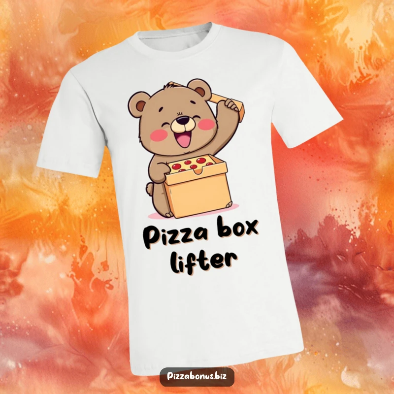 Funny bear t-shirt depicting a powerful bear joyfully attempting to lift a colossal pizza box, showcasing epic pizza love.