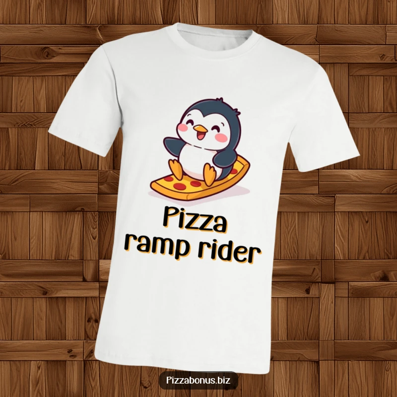Funny penguin t-shirt showing a happy penguin gleefully sliding down a ramp constructed from a giant pizza crust, conveying pure joy.