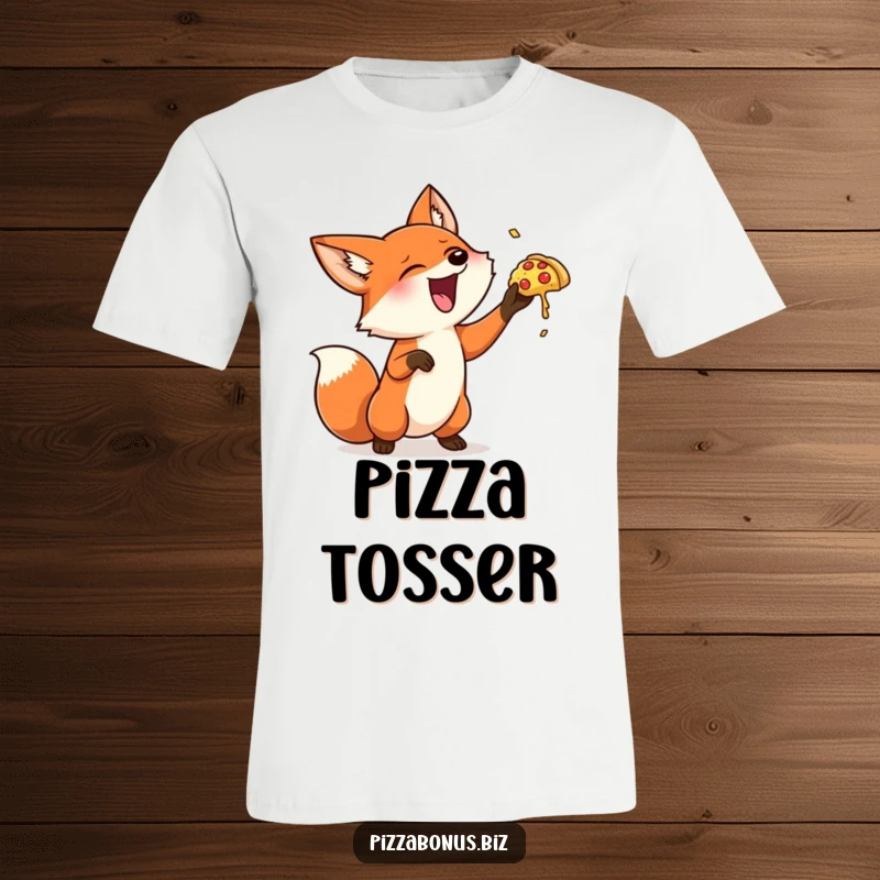 Funny fox t-shirt showing a happy fox gleefully tossing a small pizza high into the air, embodying pure joy and playfulness.