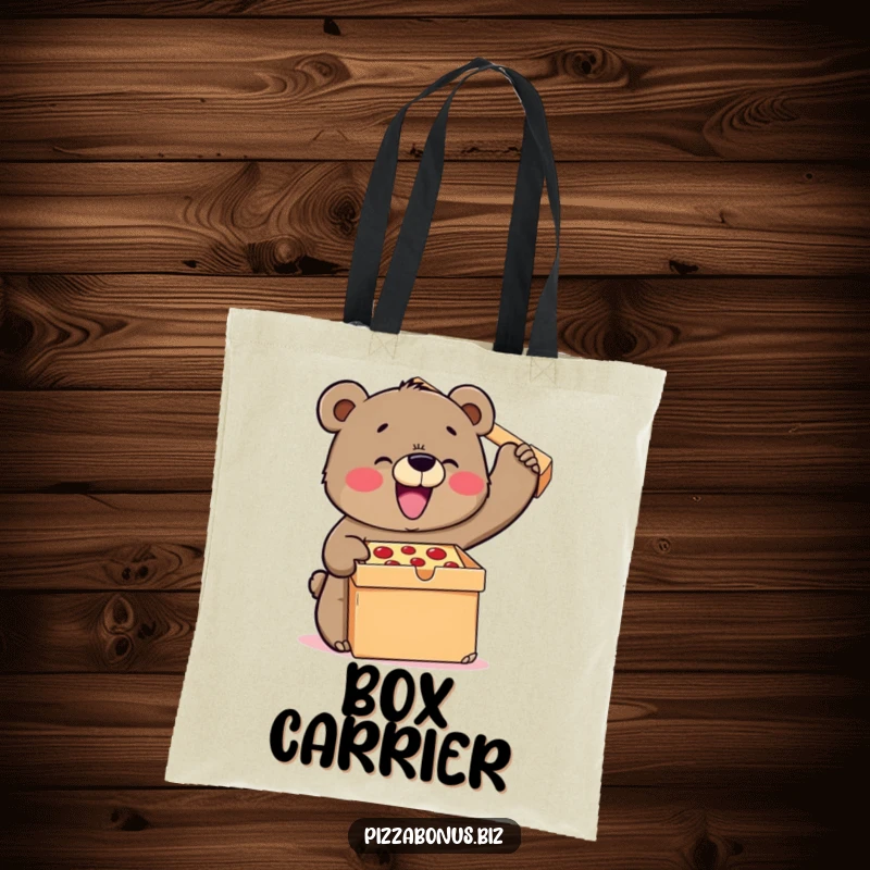 Funny bear tote bag illustrating a determined bear joyfully attempting to lift a gigantic pizza box, ready for any pizza adventure.