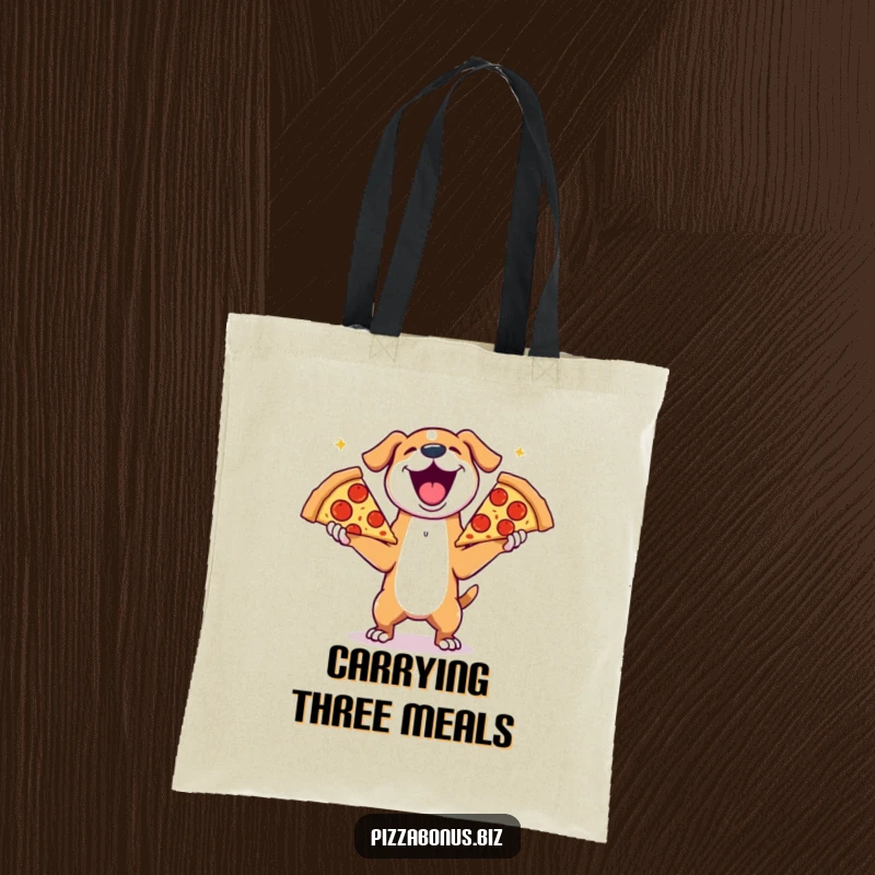 Funny tote bag with a joyful dog gleefully juggling three enormous slices of pepperoni pizza, a humorous and practical accessory.